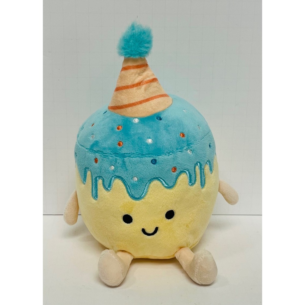 American Greetings Birthday Cake Plush Yellow Blue Party Hat 8" Collectible Toy
